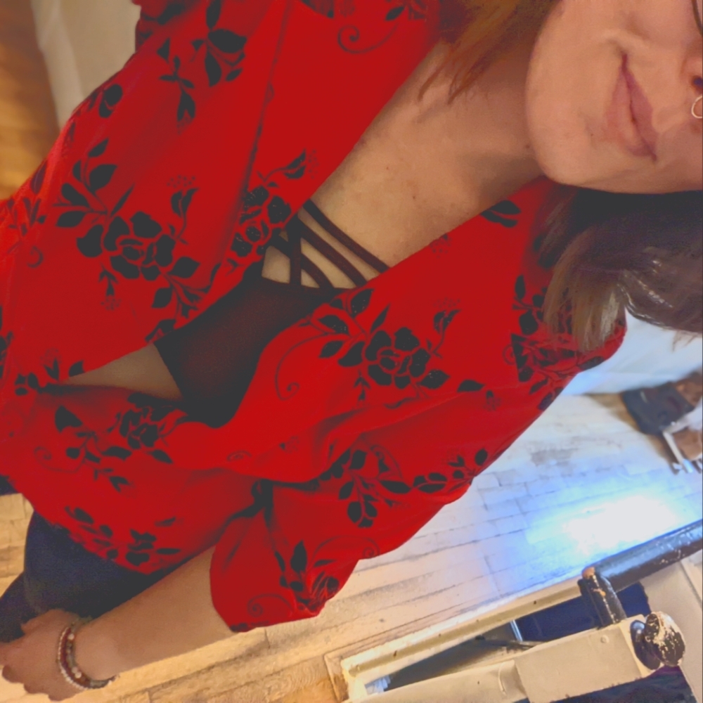 Vintage Red Dress Barn Blazer with sparkly black floral print size L